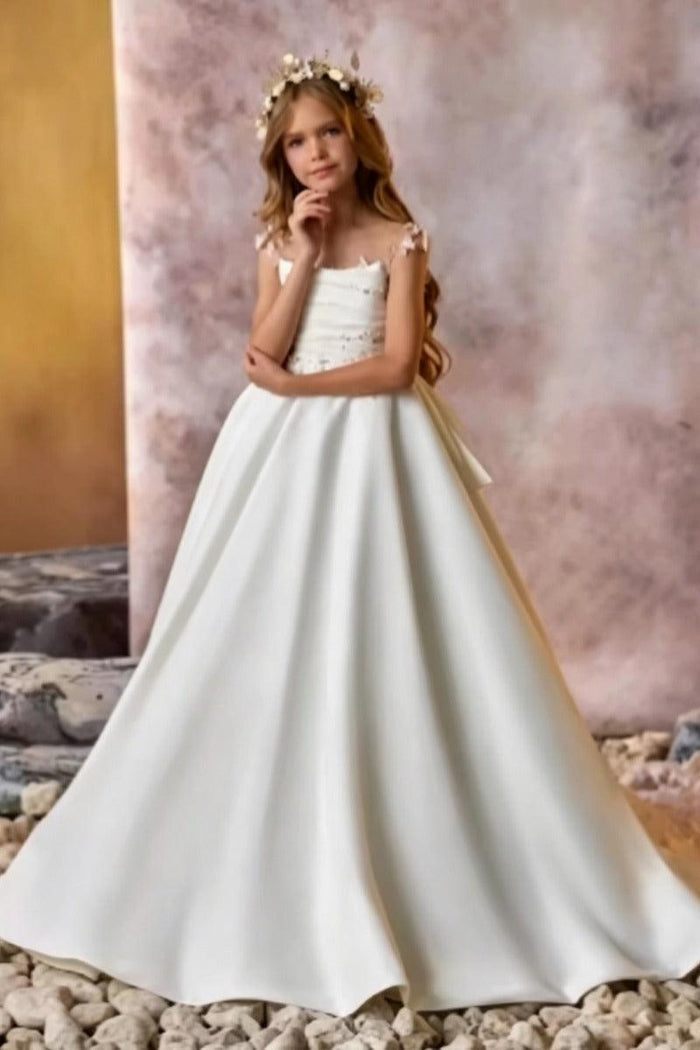 Elegant Satin Spaghetti Straps Floral Train Flower Girl Dresses 672653020402