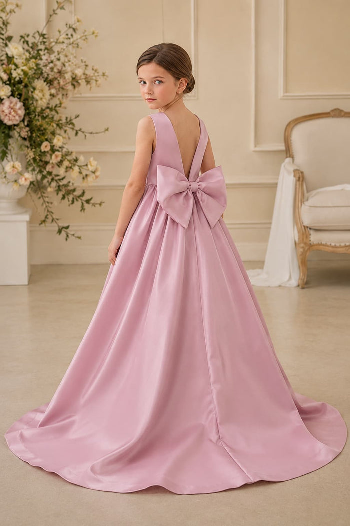 Elegant Satin V-Back Bow Sweep-Brush Train Flower Girl Dresses 985833041393