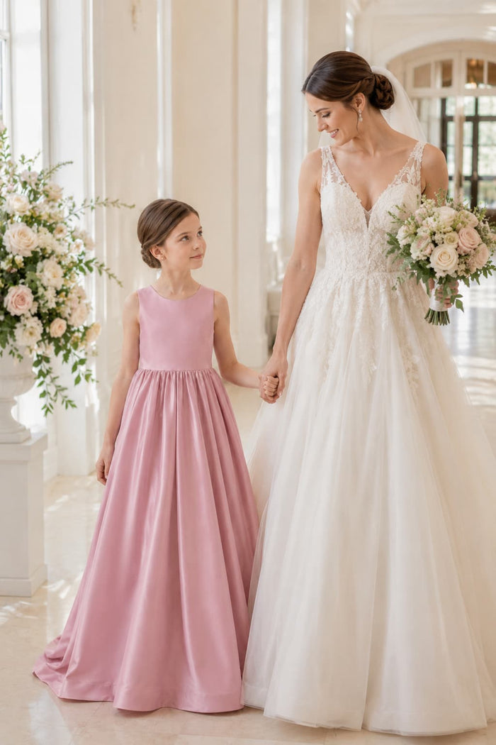 Elegant Satin V-Back Bow Sweep-Brush Train Flower Girl Dresses 985833041393