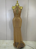 Eva sexy halter sparkly diamond golden mesh sequin maxi dress for evening gala styling