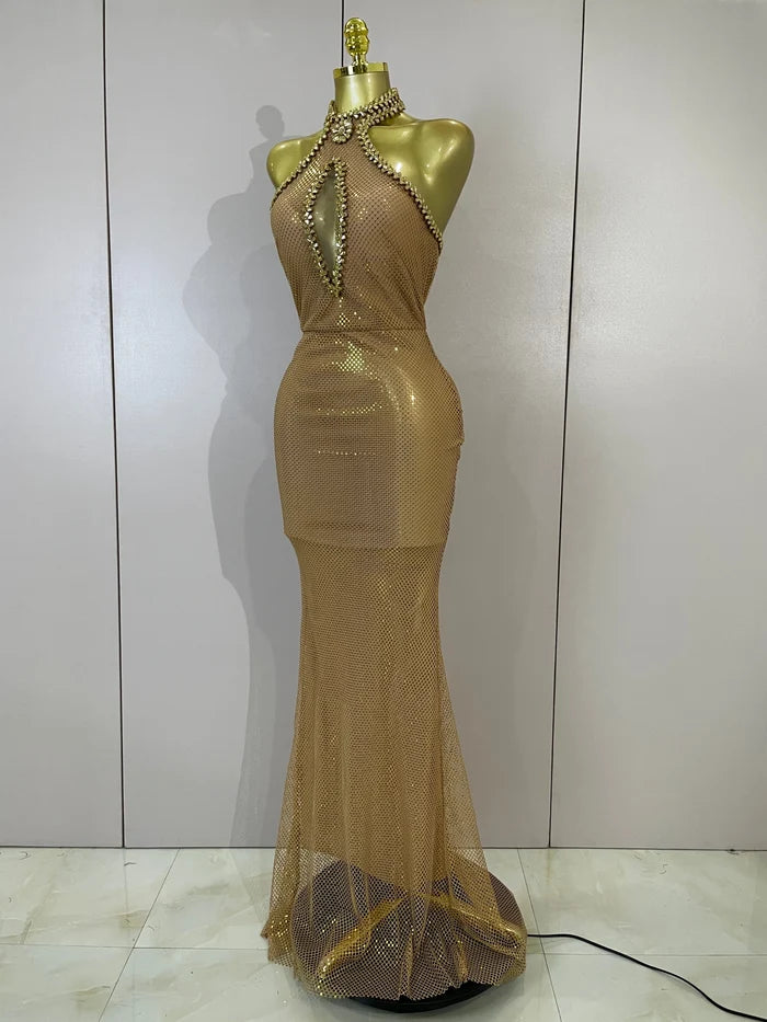 Eva sexy halter sparkly diamond golden mesh sequin maxi dress for evening gala styling