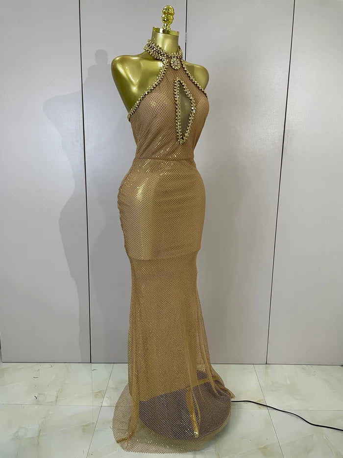 Eva sexy halter sparkly diamond golden mesh sequin maxi dress for evening gala styling