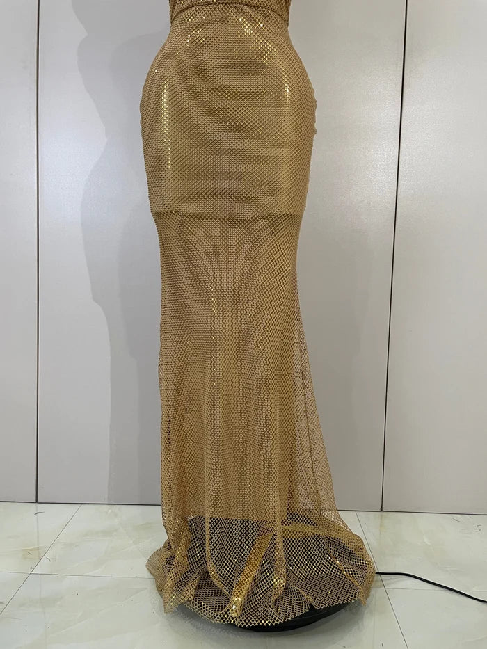 Eva sexy halter sparkly diamond golden mesh sequin maxi dress for evening gala styling