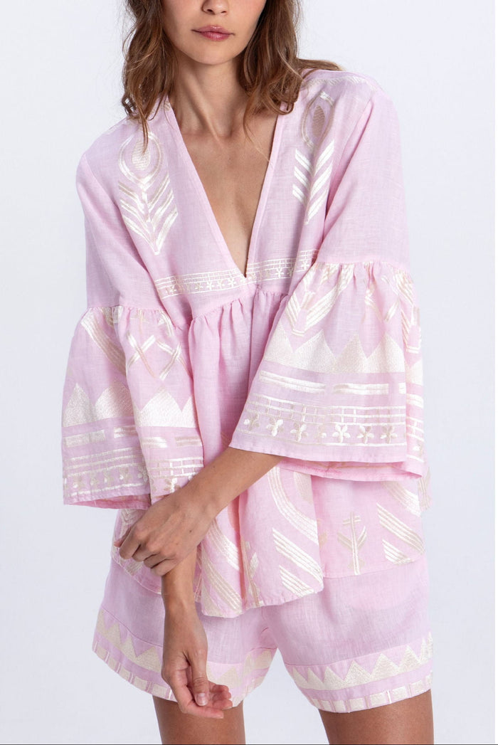 Blouses Greek Archaic Kori Feather Bell Sleeve Top Pink/Champagne Apoella