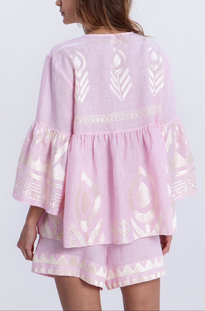 Blouses Greek Archaic Kori Feather Bell Sleeve Top Pink/Champagne Apoella