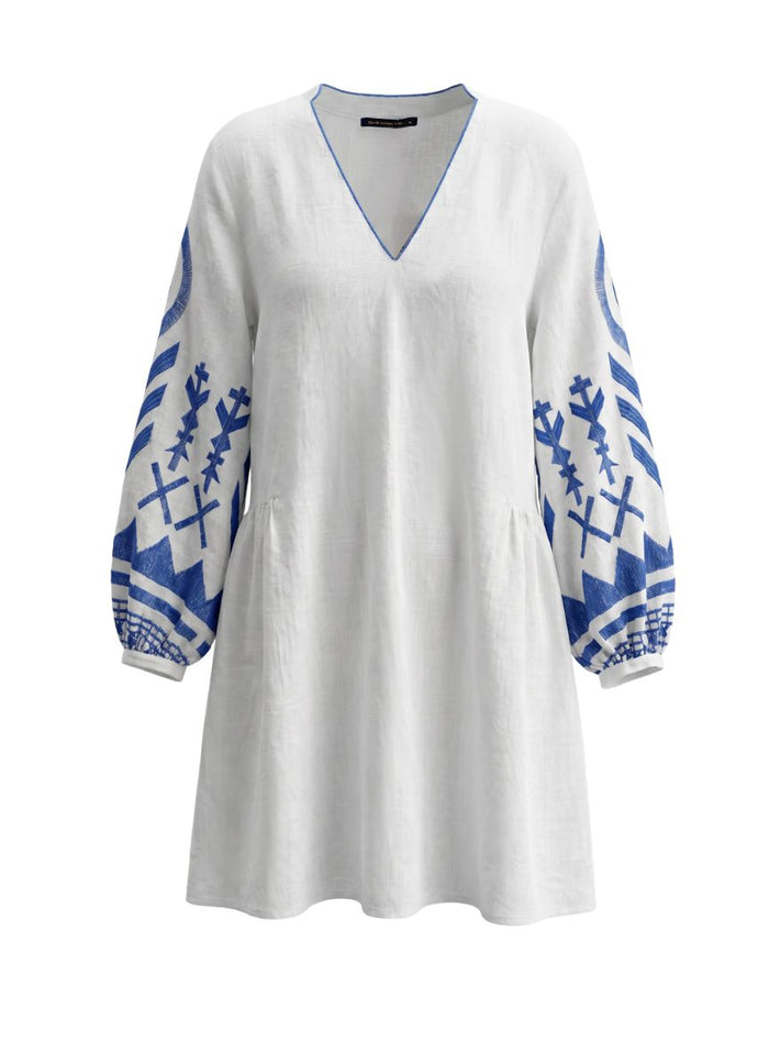 Dresses Greek Archaic Kori Feather Long Sleeve Mini Dress White/Blue Apoella