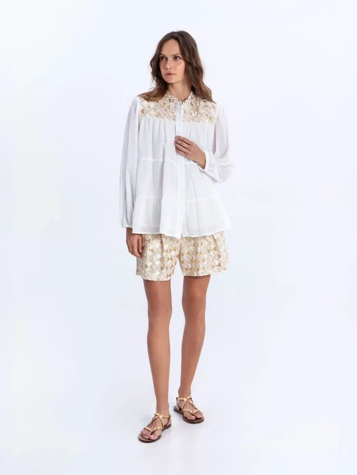 Tunic Greek Archaic Kori Flakes Long Sleeve Tunic White Gold Apoella