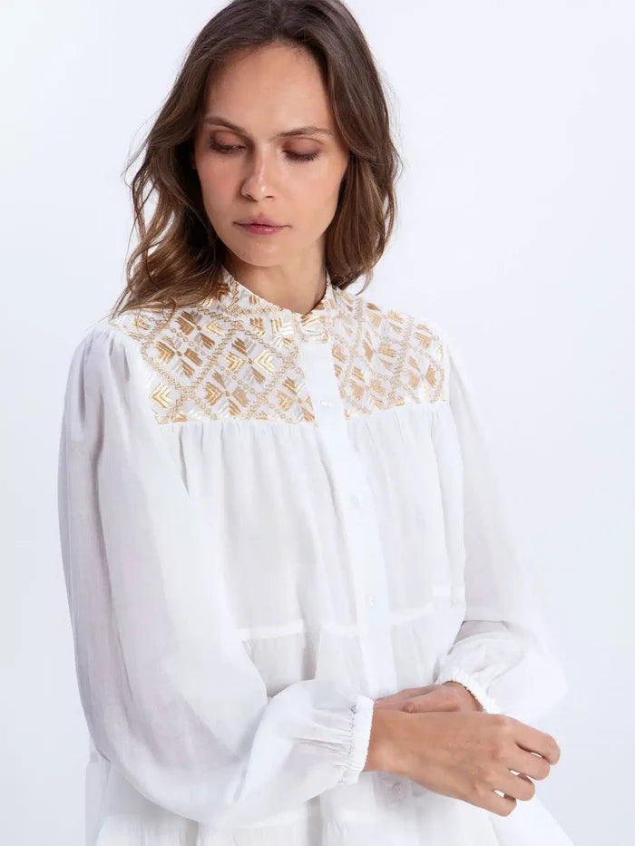 Tunic Greek Archaic Kori Flakes Long Sleeve Tunic White Gold Apoella