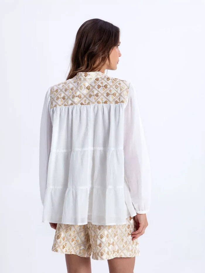 Tunic Greek Archaic Kori Flakes Long Sleeve Tunic White Gold Apoella