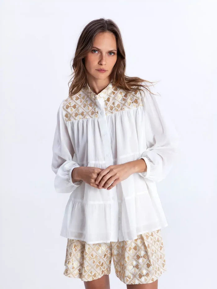 Tunic Greek Archaic Kori Flakes Long Sleeve Tunic White Gold Apoella