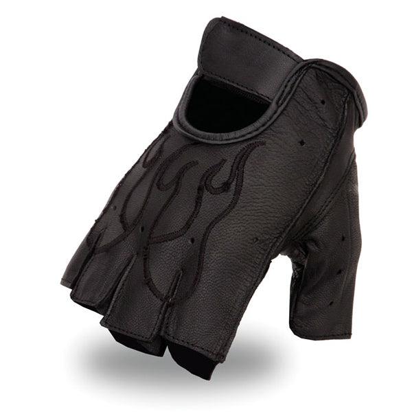 Flame Fingerless Gel Glove: Features:

Embroidered flame design
Made of Aniline Goat Skin
Gel padding on palm
Velcro wrist st