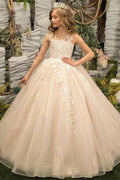 Floor Length A-Line Illusion Applique Flower Girl Dresses 673761187442