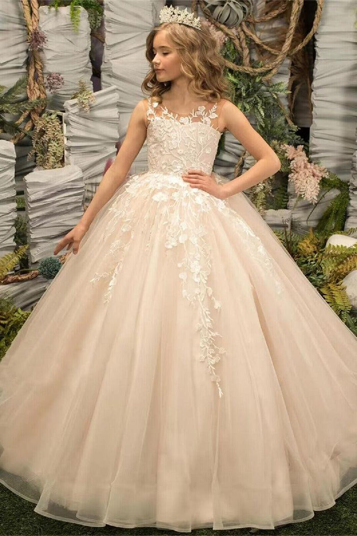Floor Length A-Line Illusion Applique Flower Girl Dresses 673761187442
