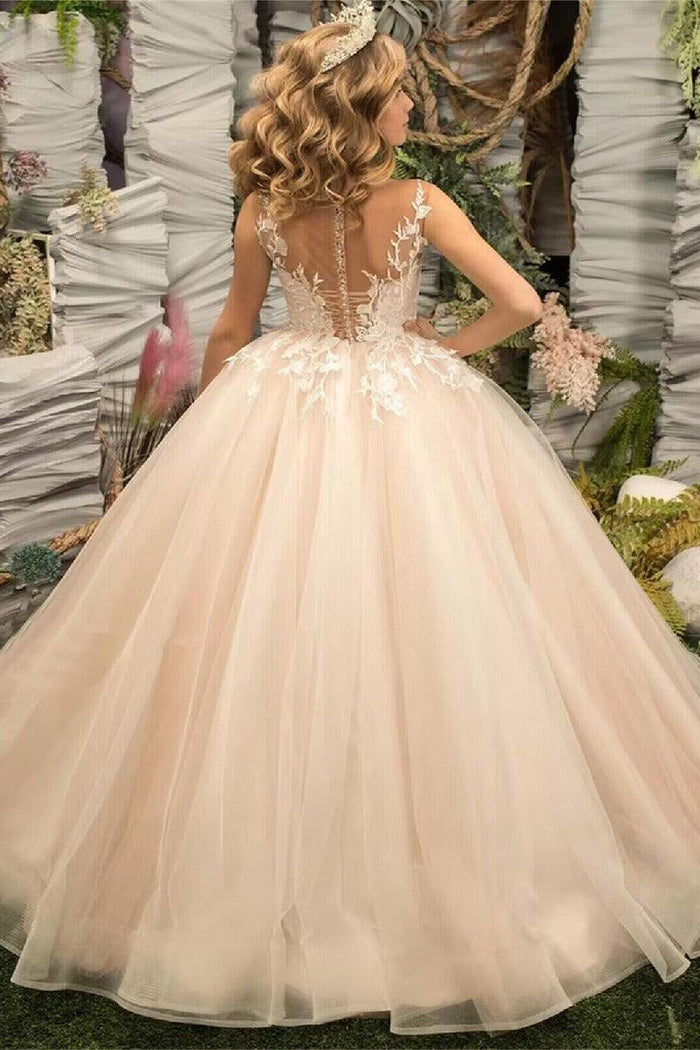 Floor Length A-Line Illusion Applique Flower Girl Dresses 673761187442