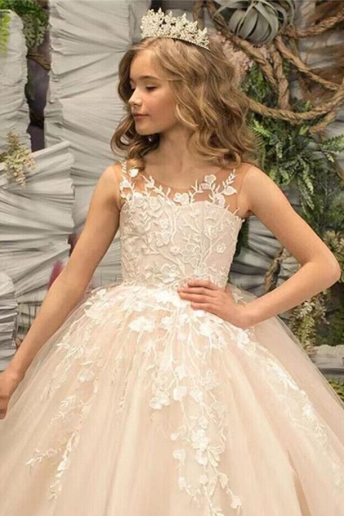 Floor Length A-Line Illusion Applique Flower Girl Dresses 673761187442