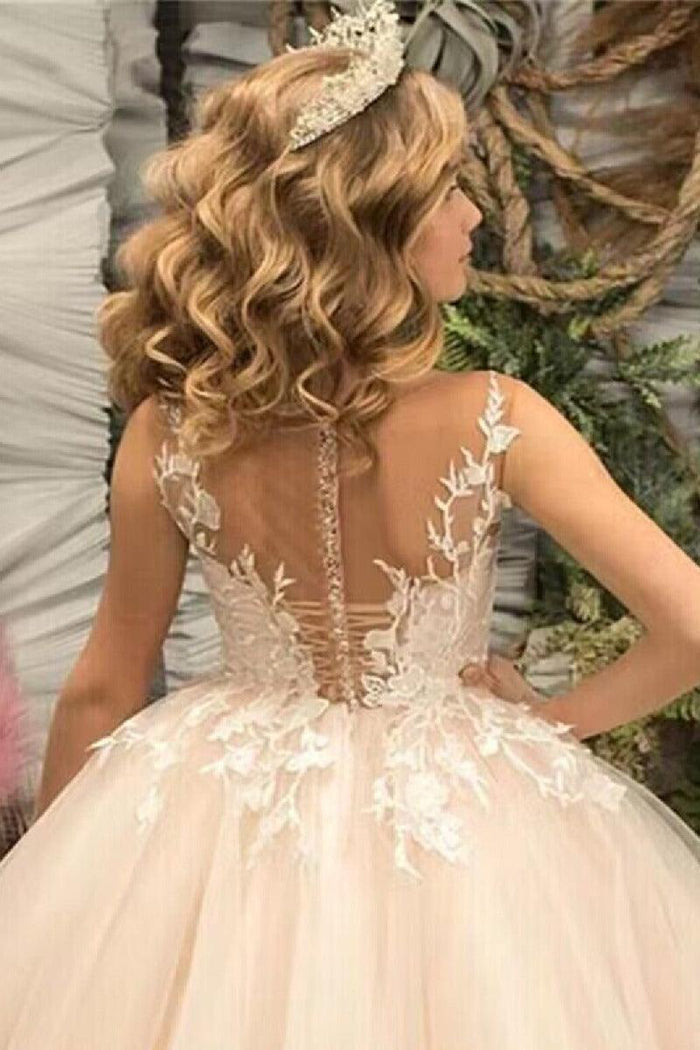 Floor Length A-Line Illusion Applique Flower Girl Dresses 673761187442
