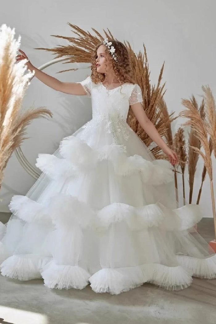 Floor Length A-Line V-Neck Short Sleeve Tulle Flower Girl Dresses 937502824085
