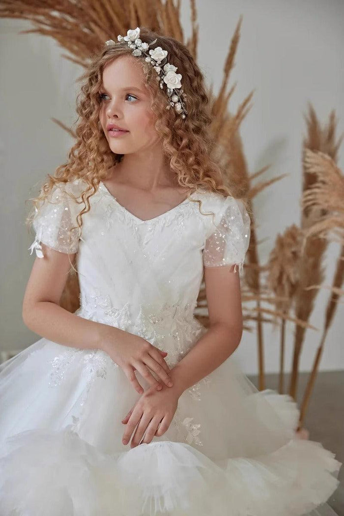 Floor Length A-Line V-Neck Short Sleeve Tulle Flower Girl Dresses 937502824085