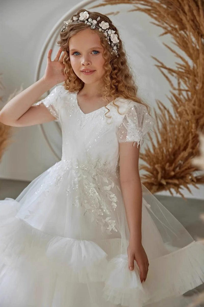 Floor Length A-Line V-Neck Short Sleeve Tulle Flower Girl Dresses 937502824085