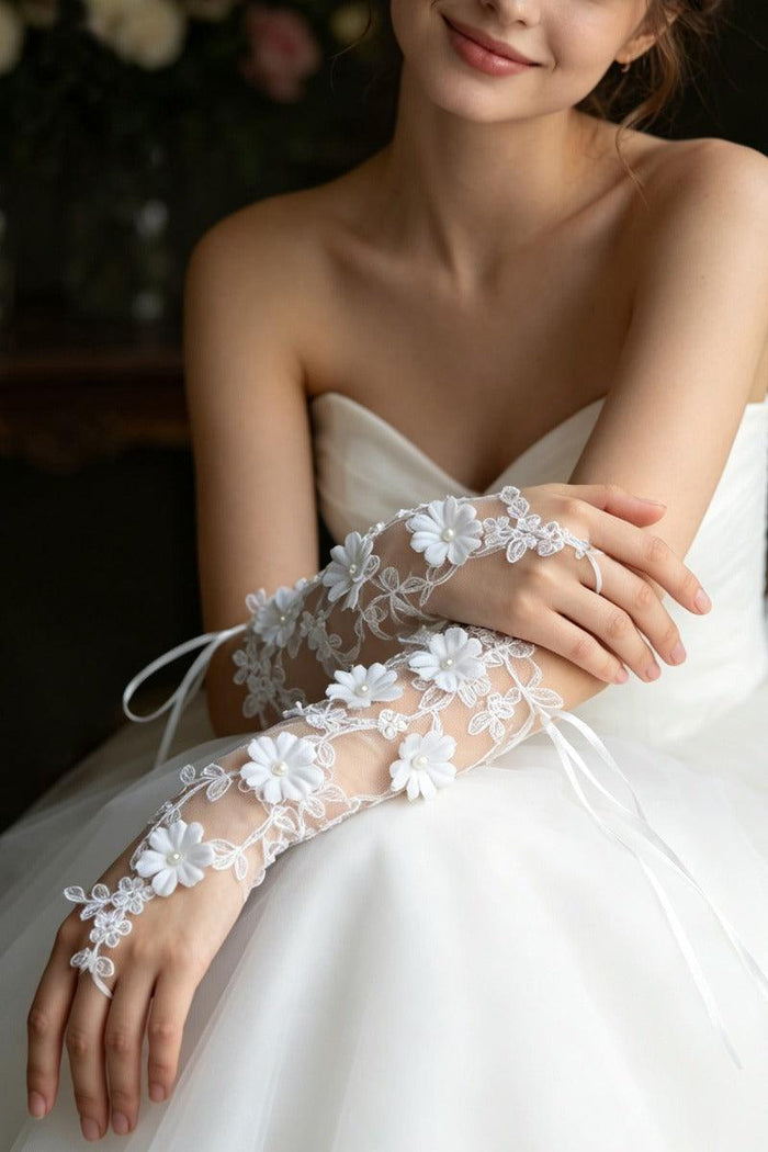 Floral Lace Fingerless Pearl Wedding Gloves 1070895243014