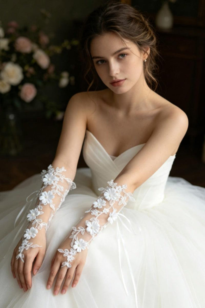 Floral Lace Fingerless Pearl Wedding Gloves 1070895243014