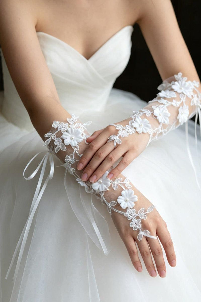 Floral Lace Fingerless Pearl Wedding Gloves 1070895243014