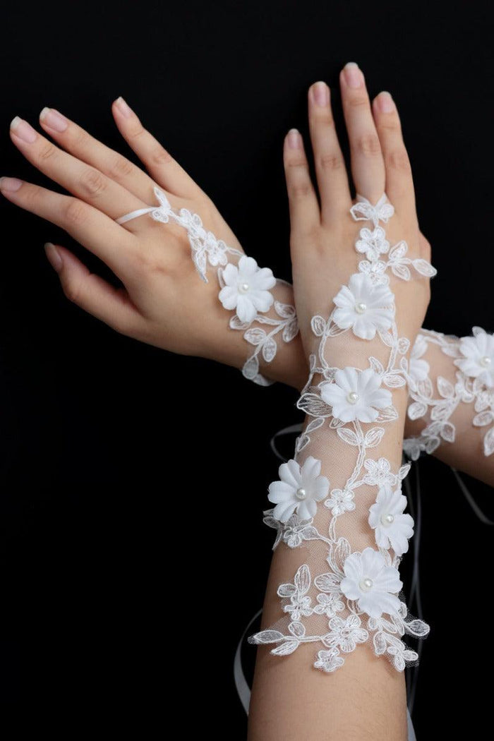 Floral Lace Fingerless Pearl Wedding Gloves 1070895243014