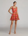 Orange Floral Square Neck Ruffled Cotton Mini Dress Mac Duggal