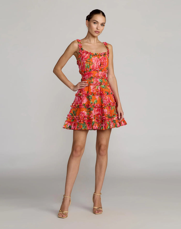 Orange Floral Square Neck Ruffled Cotton Mini Dress Mac Duggal