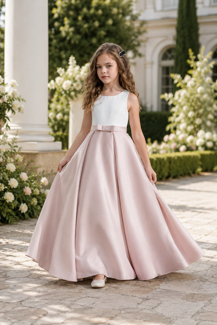 Flower Girl Dresses Satin V-Back Bow Straps Floor Length Wedding Gown 1058875849330