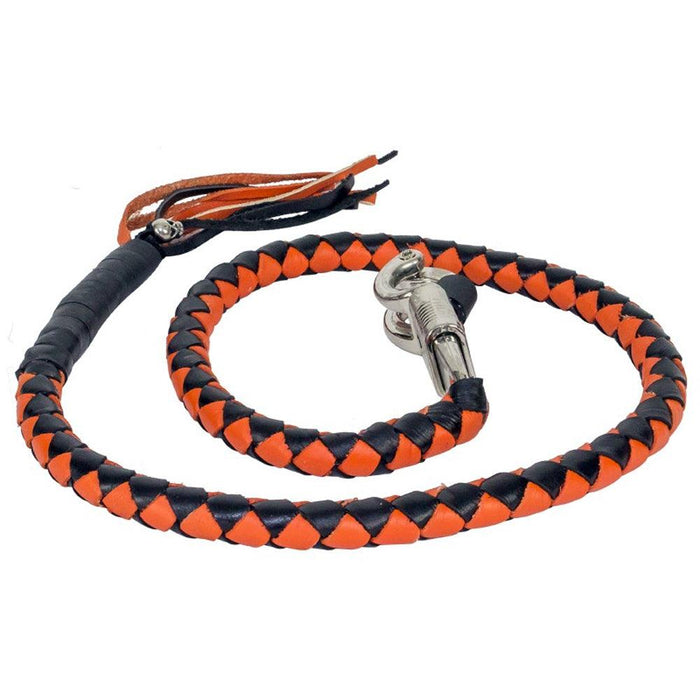 Get Back Whip Black/Orange: Features:

Genuine, hand-braided leather around a nylon core
Solid, stainless steel quick-release