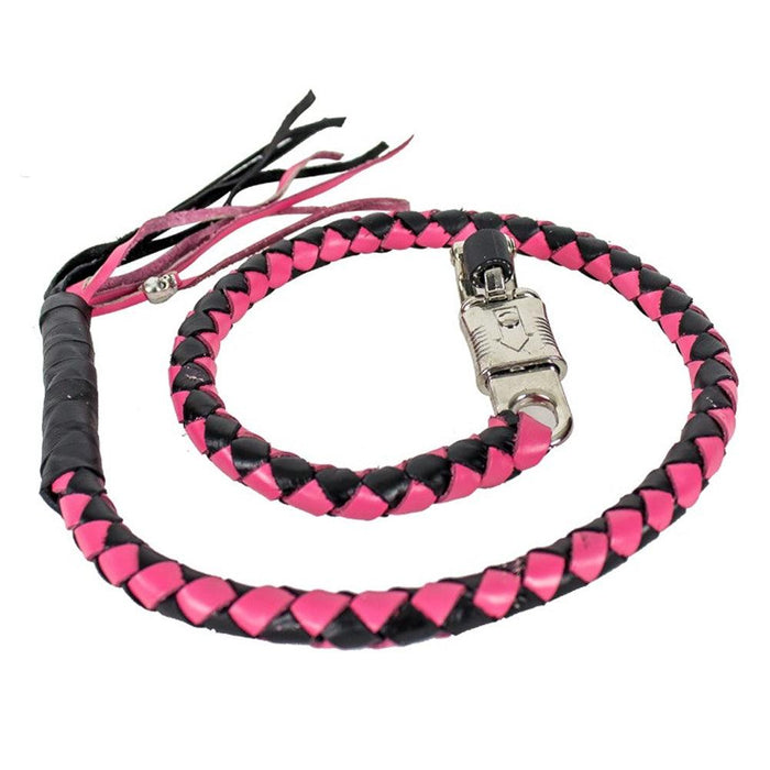 Get Back Whip Black/Pink: Features:

Get Back hand-braided leather around a nylon core
Solid, stainless steel quick-release
T