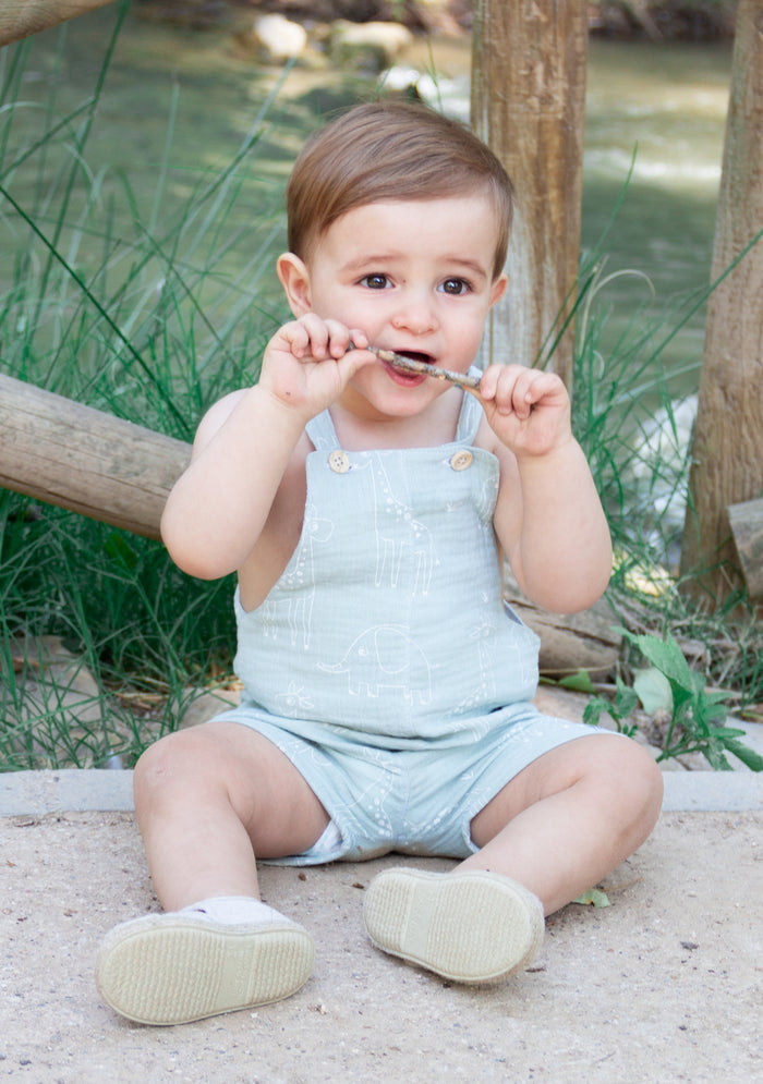 A candid lifestyle photograph of a baby boy sitting on a sandy ground outdoors. He is wearing a mint green bubble-style romper featuring a white line-art print of giraffes and elephants, detailed with small wooden buttons on the front straps. The baby is playfully holding a small stick to his mouth while looking off-camera. The background shows a rustic wooden fence, green grass, and a soft-focus view of a river or stream.