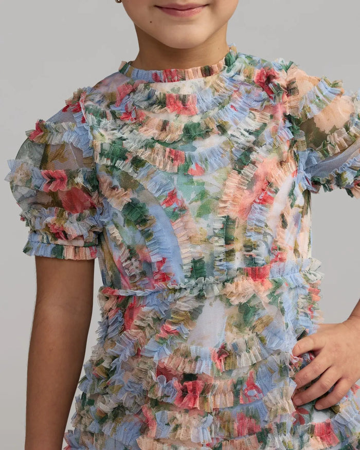 Girls Blue Floral Ruffle Puff Sleeve Mini Dress Mac Duggal