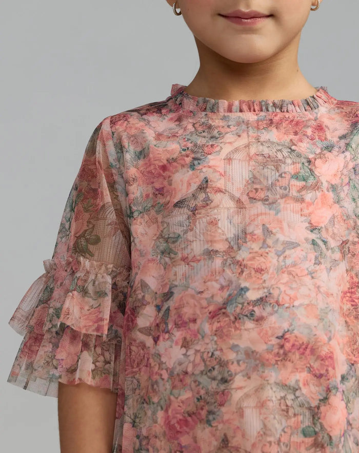 Girls Pink Floral Printed Short Sleeve Ruffle Dress - Mac Duggal