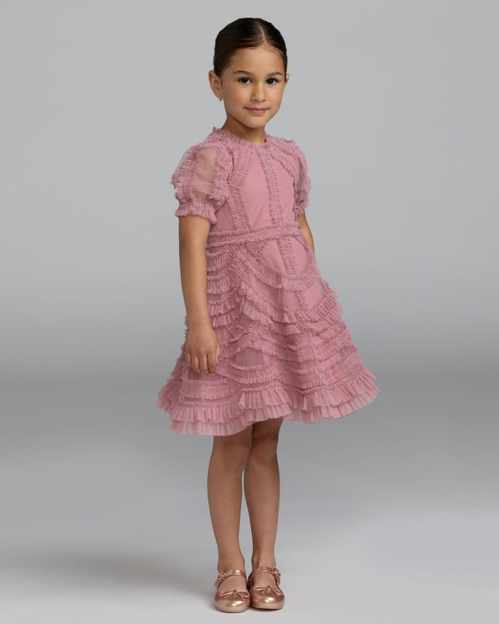 Girls Pink High Neck Puff Sleeve Ruffle Mini Dress Mac Duggal