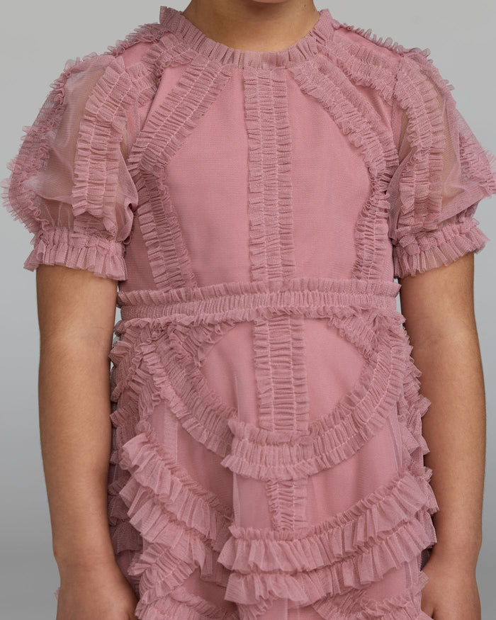 Girls Pink High Neck Puff Sleeve Ruffle Mini Dress Mac Duggal