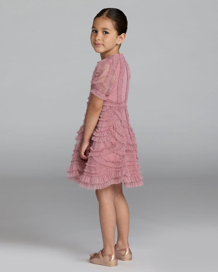 Girls Pink High Neck Puff Sleeve Ruffle Mini Dress Mac Duggal