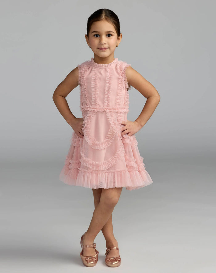 Girls Pink High Neck Sleeveless Micro Ruffle Mini Dress - Mac Duggal