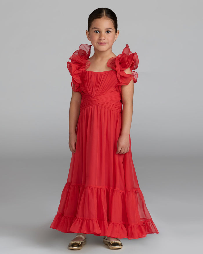 Girls Red Chiffon Ruffle Shoulder Long Dress Mac Duggal