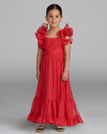Girls Red Chiffon Ruffle Shoulder Long Dress Mac Duggal
