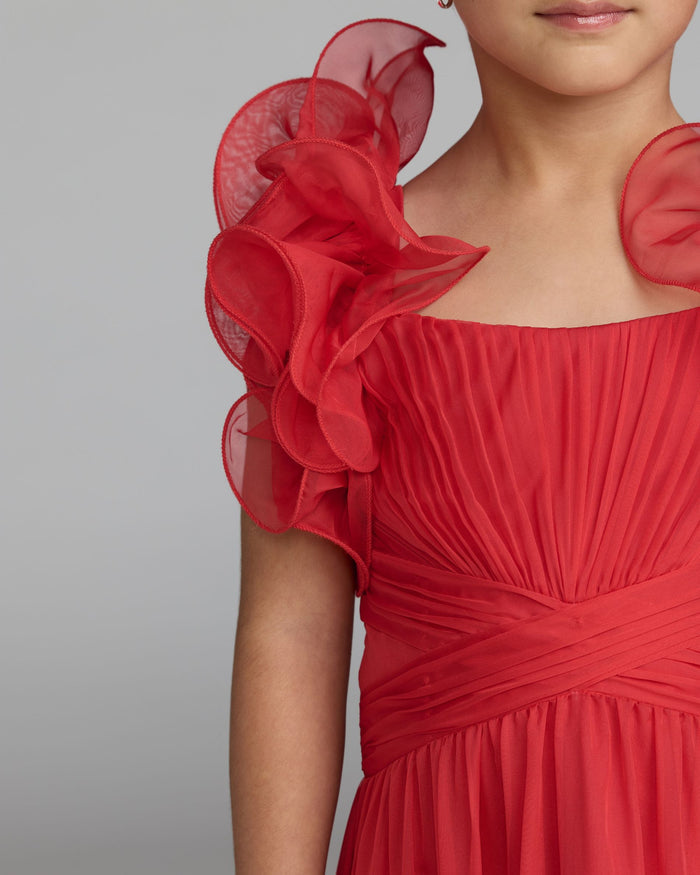 Girls Red Chiffon Ruffle Shoulder Long Dress Mac Duggal