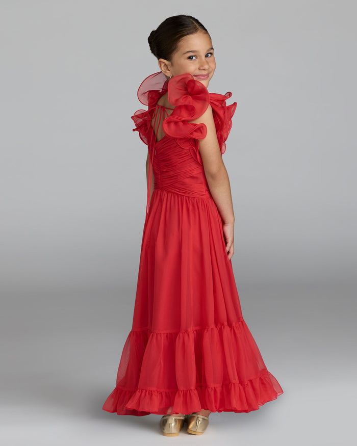 Girls Red Chiffon Ruffle Shoulder Long Dress Mac Duggal