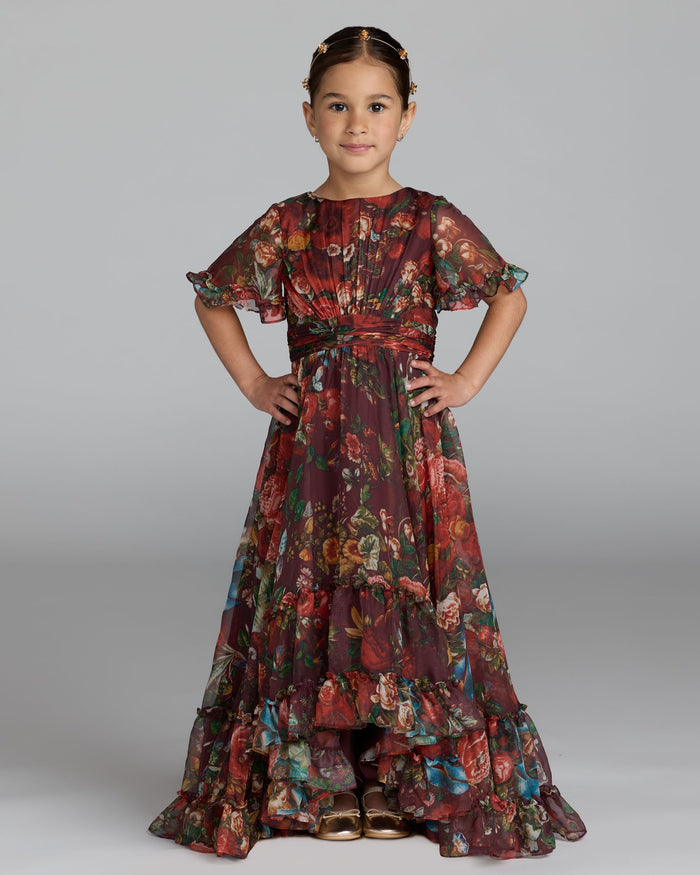 Girls Red Floral Ruffle High-Low Dress Mac Duggal