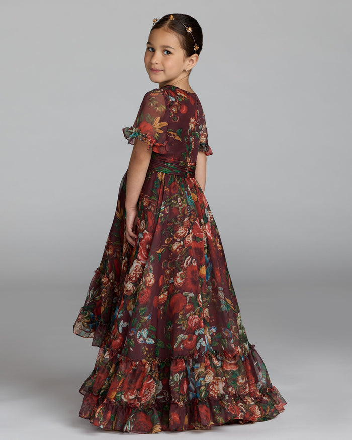 Girls Red Floral Ruffle High-Low Dress Mac Duggal