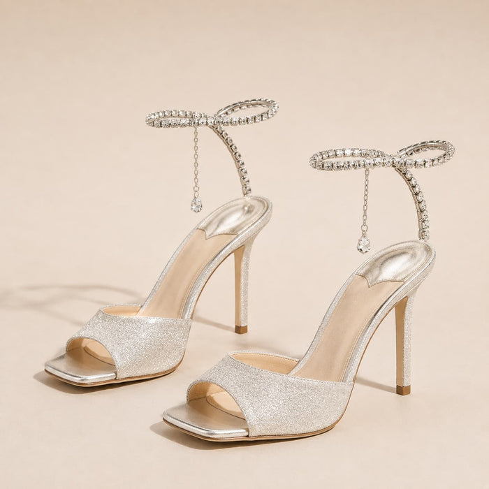 Glitter and Rhinestone Ankle Strap Square Stiletto Heels 695399992506