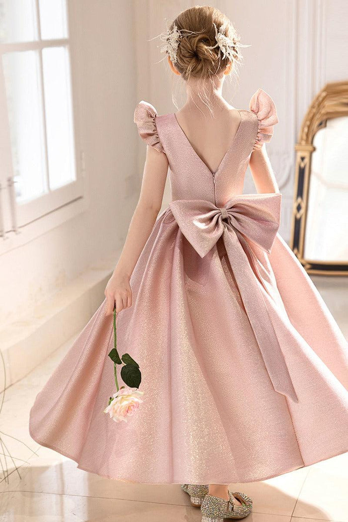 Glitter Fabric Gown Ruffle Sleeves Bow Floor Length Flower Girl Dresses 916560252784
