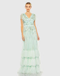 Green Ruffle Tiered Embellished Faux Wrap Flutter Sleeve Gown Mac Duggal