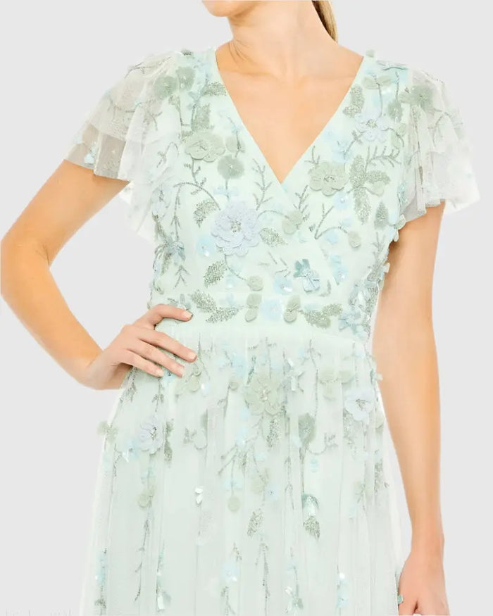 Green Ruffle Tiered Embellished Faux Wrap Flutter Sleeve Gown - Mac Duggal