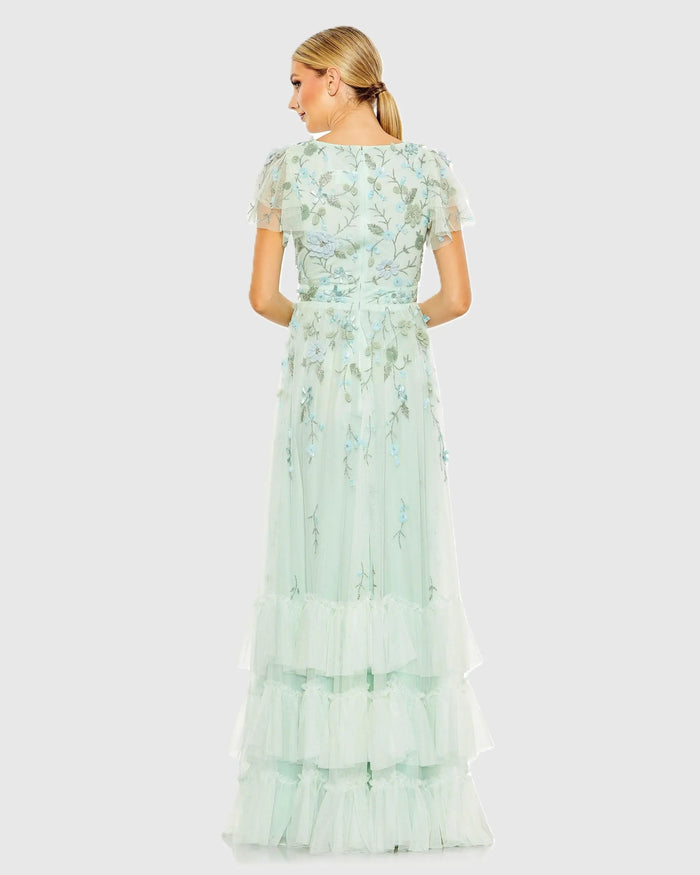 Green Ruffle Tiered Embellished Faux Wrap Flutter Sleeve Gown Mac Duggal